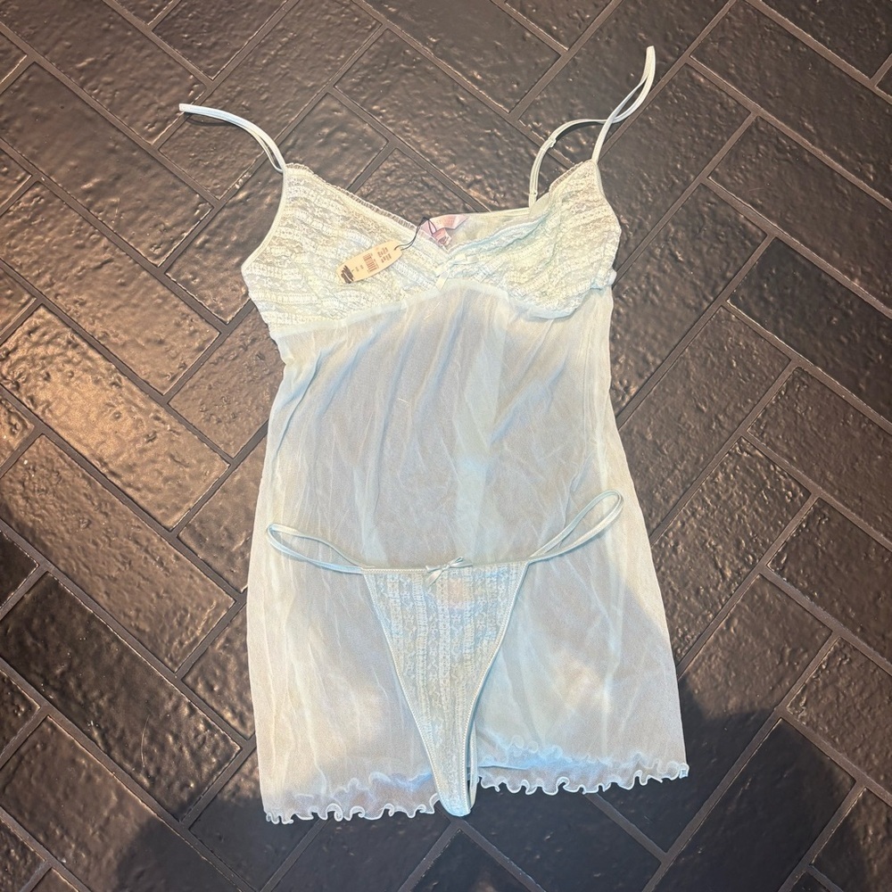 Vintage 1990 Victoria’s Secret Blue Mesh & Lace Slip Set – NWT – Size L